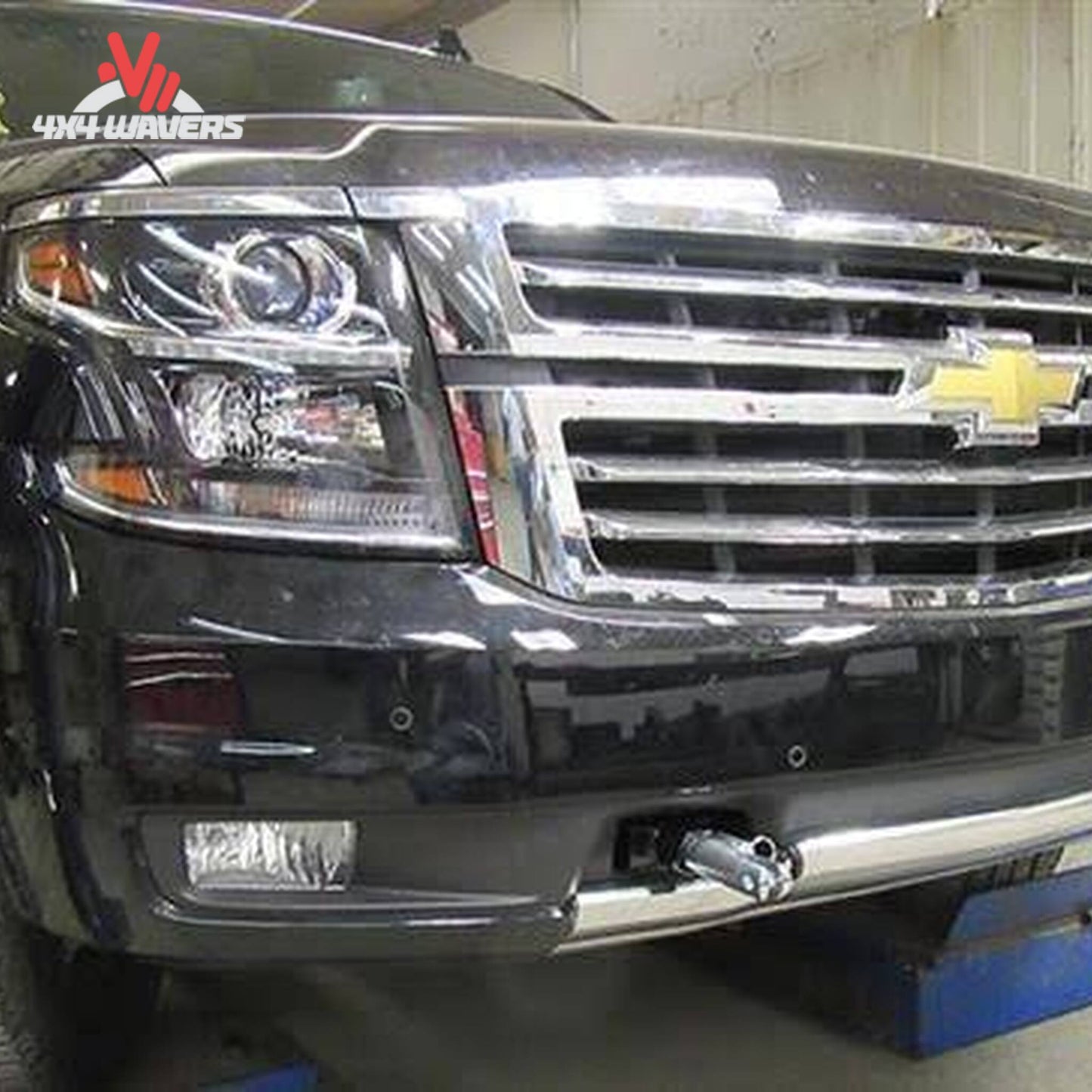 Installed Blue Ox BX1731 baseplate on front bumper of Chevy Tahoe Z71 SKU BX1731