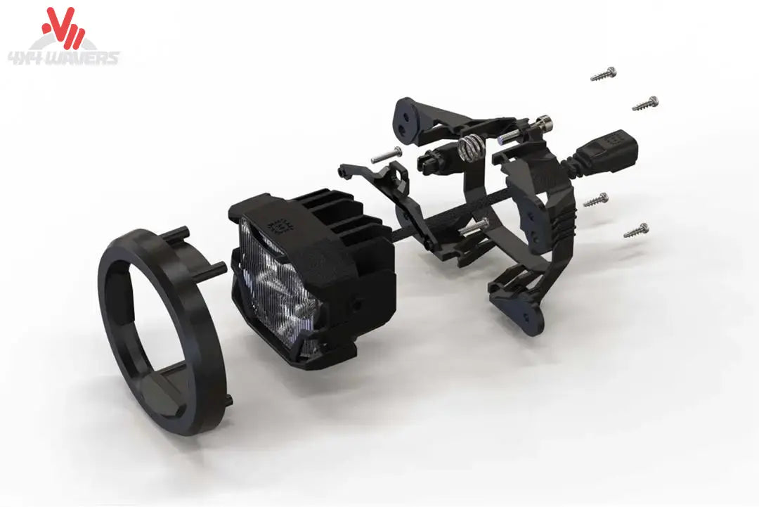 Morimoto 4Banger fog light brackets for 2007-2018 Jeep Wrangler JK, showing sturdy metal mounting hardware for fog and driving lights.
