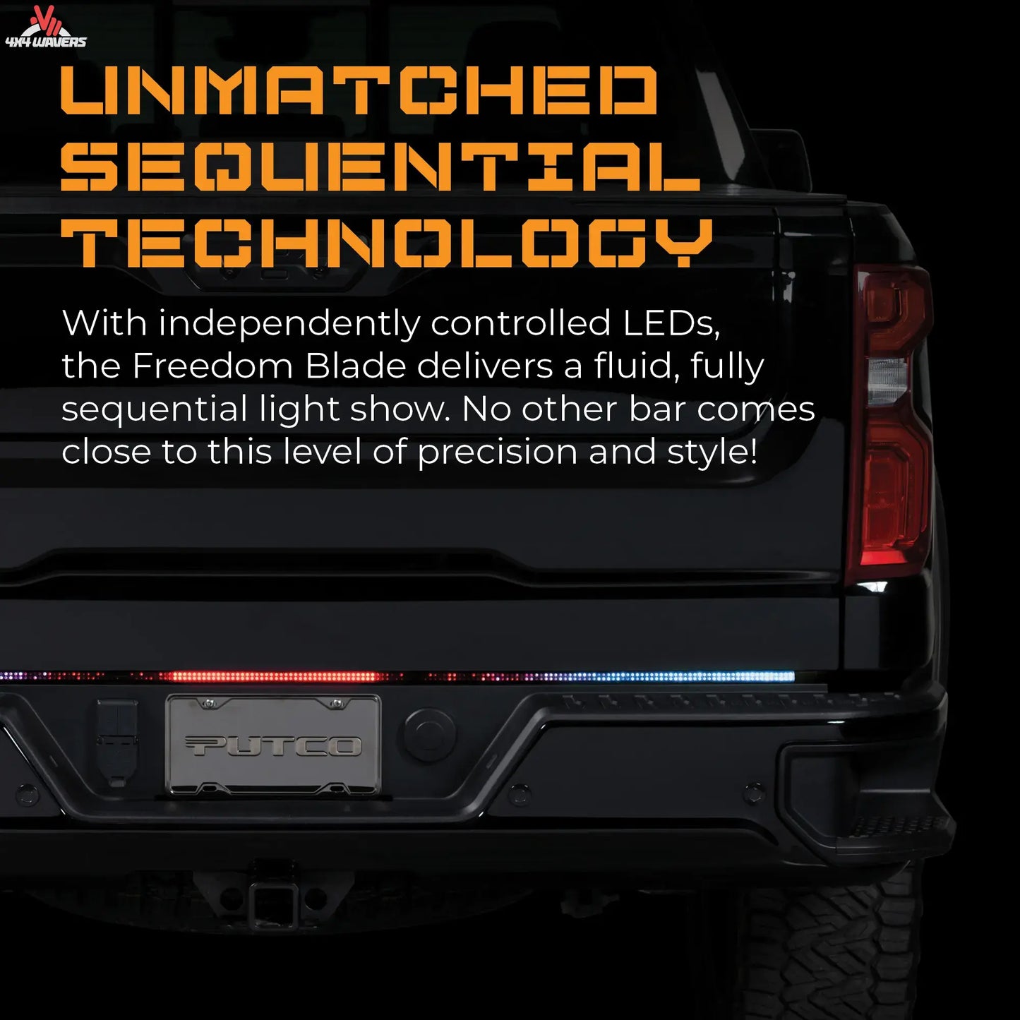 Putco Freedom Blade LED tailgate light bar on white 2005-2026 Tacoma and Gladiator, showing reverse light output.