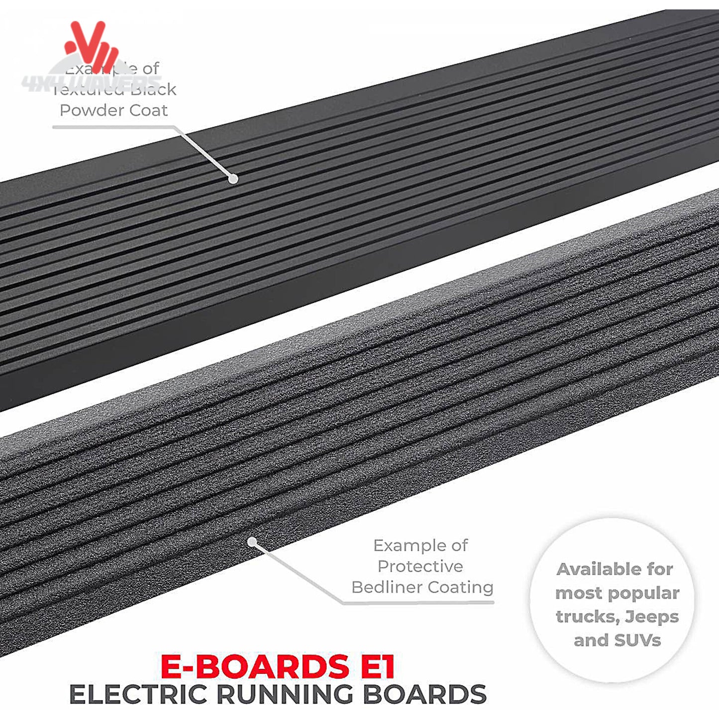 Go Rhino E1 estribos eléctricos retráctiles en una Jeep Wrangler JL de dos puertas 2018-2024, mostrando el diseño de peldaño automático.