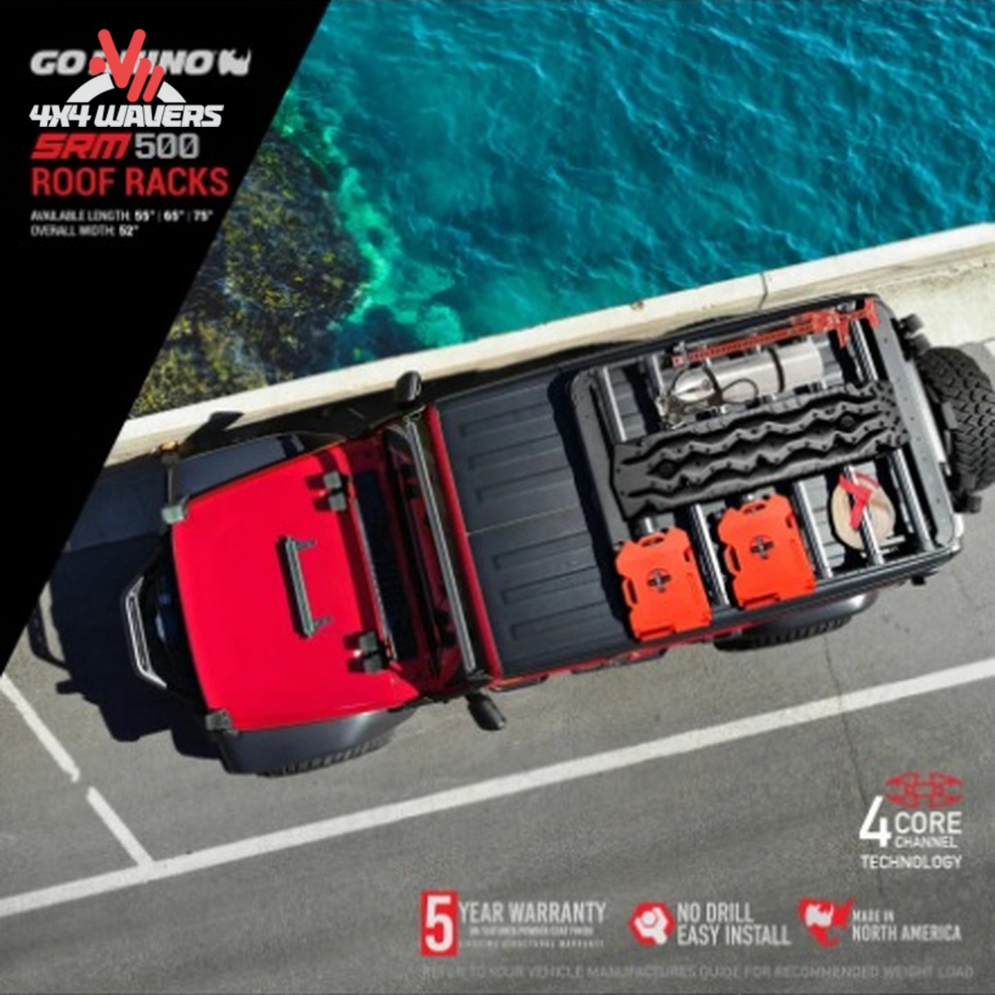 Large Go Rhino SRM500 aluminum expedition roof rack platform featuring integrated cargo tracks, rooftop tent compatibility, and overland gear mounting capability