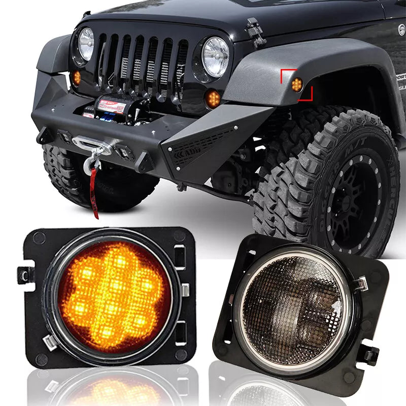 4x4wavers front fender side LED Light, Smoked Black Color for Jeep Wrangler JK / JKU