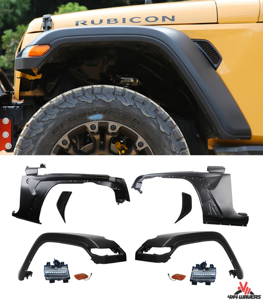 4X4WAVERS Kit de mise à niveau JK vers JL - Ailes avant en acier style JL complet avec élargisseurs d'ailes et éclairage LED - Jeep Wrangler JK/JKU 2007-2018