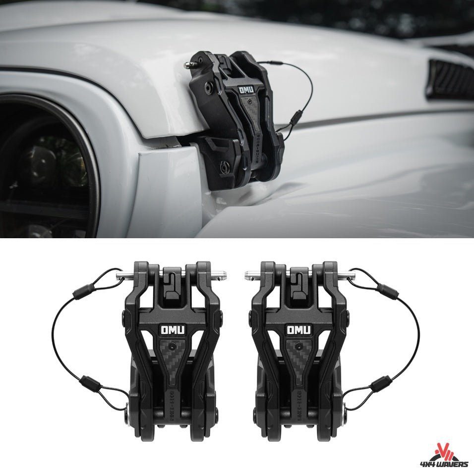 OMU Aluminum Hood Catch Latches with Carbon Fiber - Jeep Wrangler JL/JLU/4XE/JT 2018+ - 4X4 WAVERS