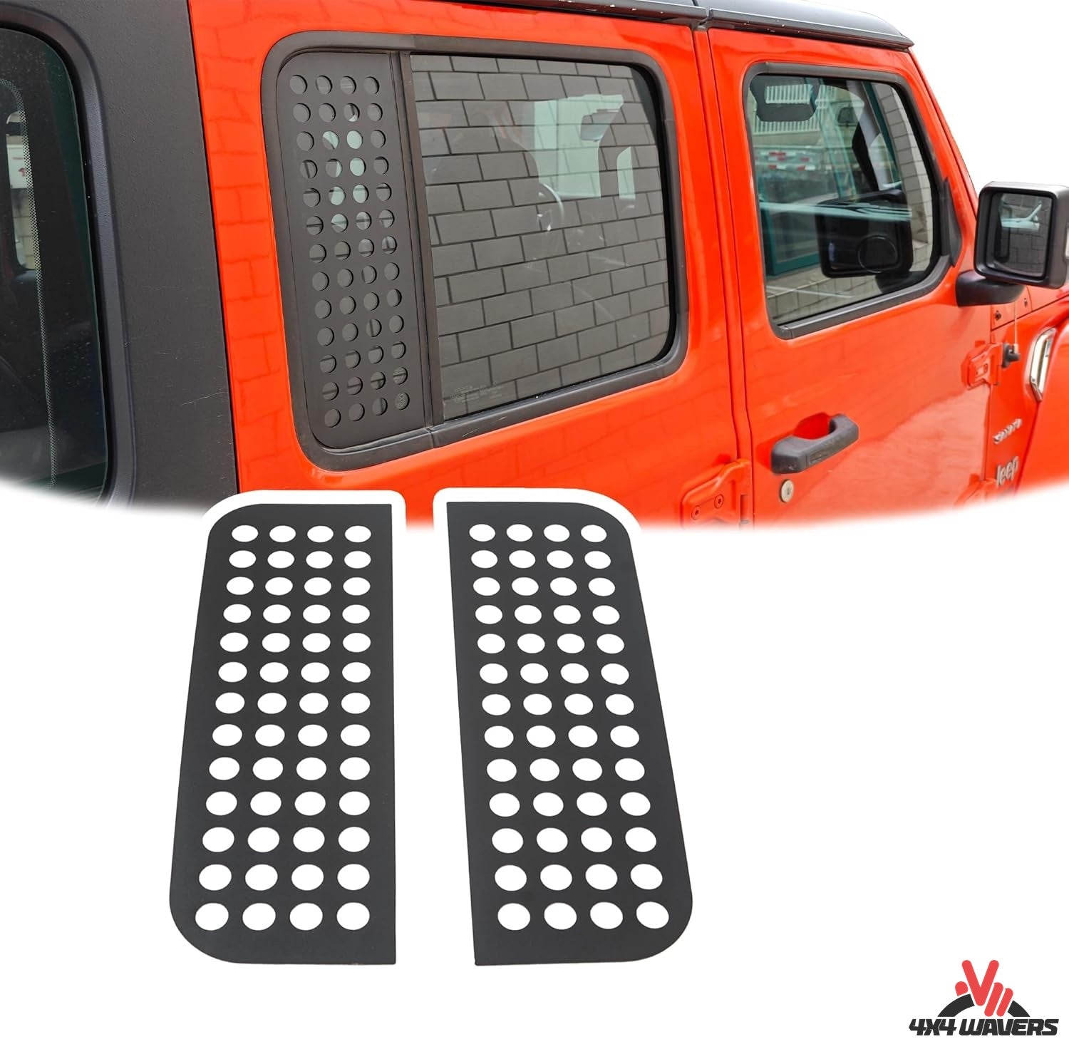 4X4WAVERS Rear Door Window Decals Aluminum Alloy Glass Panel Cover Trim (2 pack) - Jeep Wrangler JLU/4XE/JT 2018+ - 4X4 WAVERS