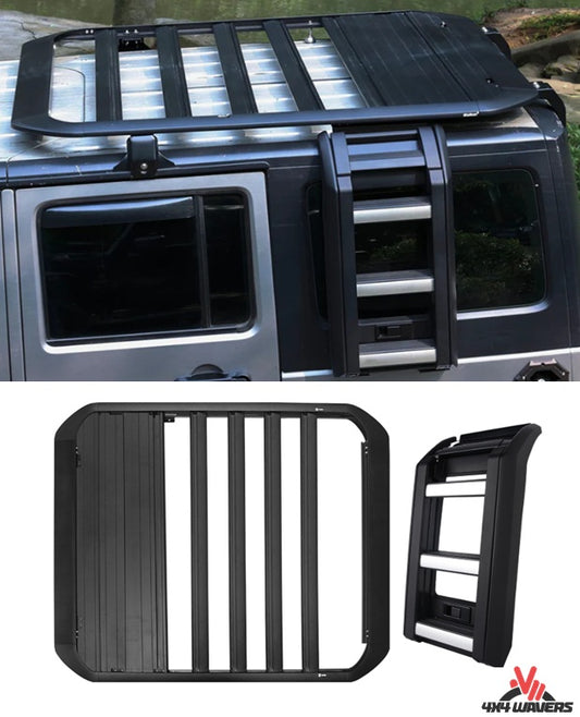 4x4wavers Roof Rack with Telescopic Ladder - WS Style for Jeep Wrangler JKU