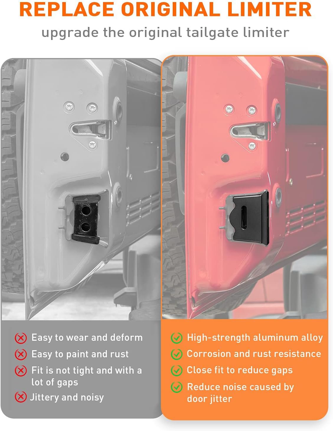 4X4WAVERS Aluminum Tailgate Limiter, Tailgate Latch Bumper Stoper - Jeep Wrangler JK/JKU 2007-2018 - 4X4 WAVERS