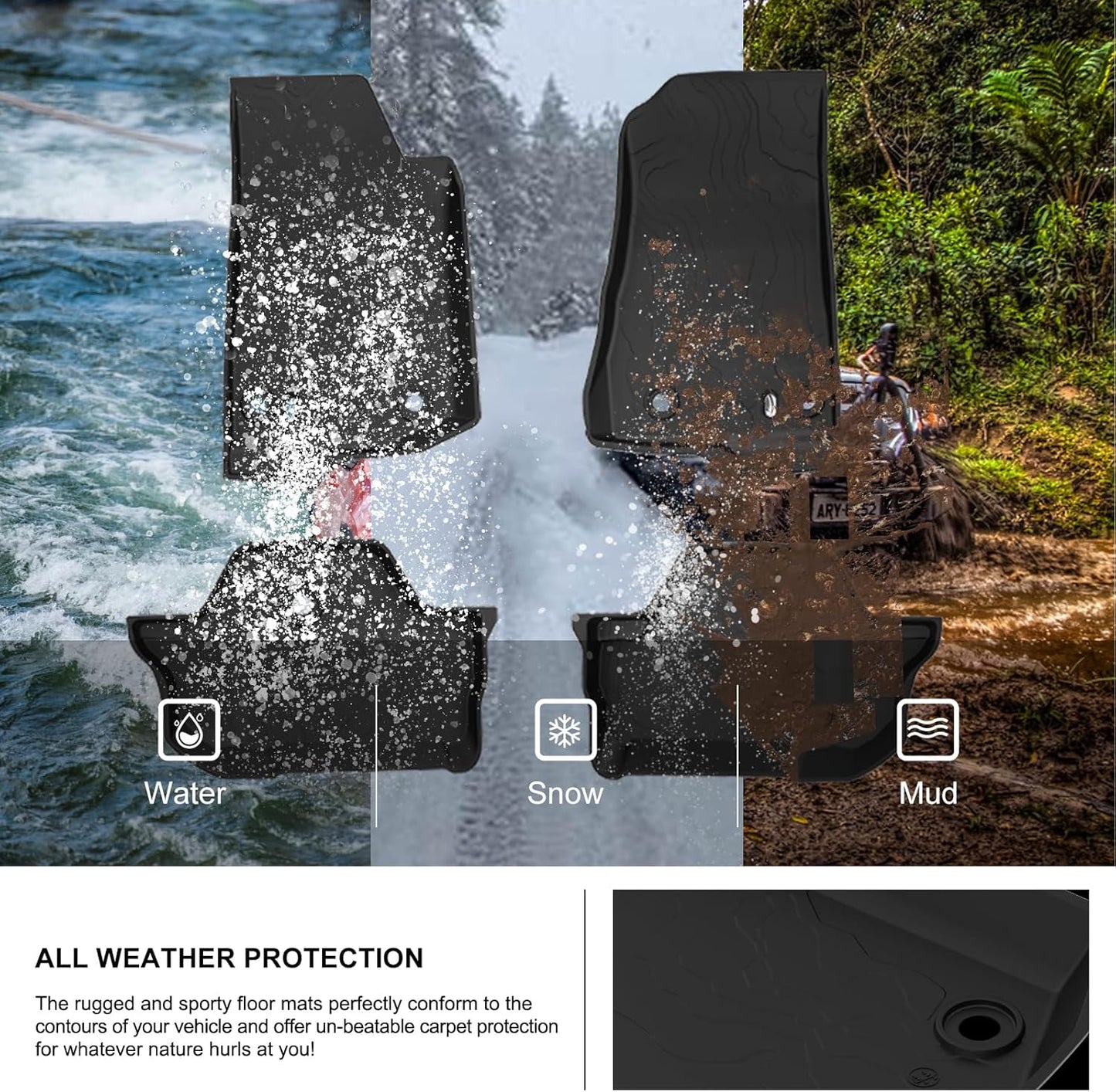 4X4WAVERS 3D Floor Mat Kit - Offroad Topographic Style - Heavy Duty TPE - Jeep Wrangler JL 2018+ (2 doors) - 4X4 WAVERS