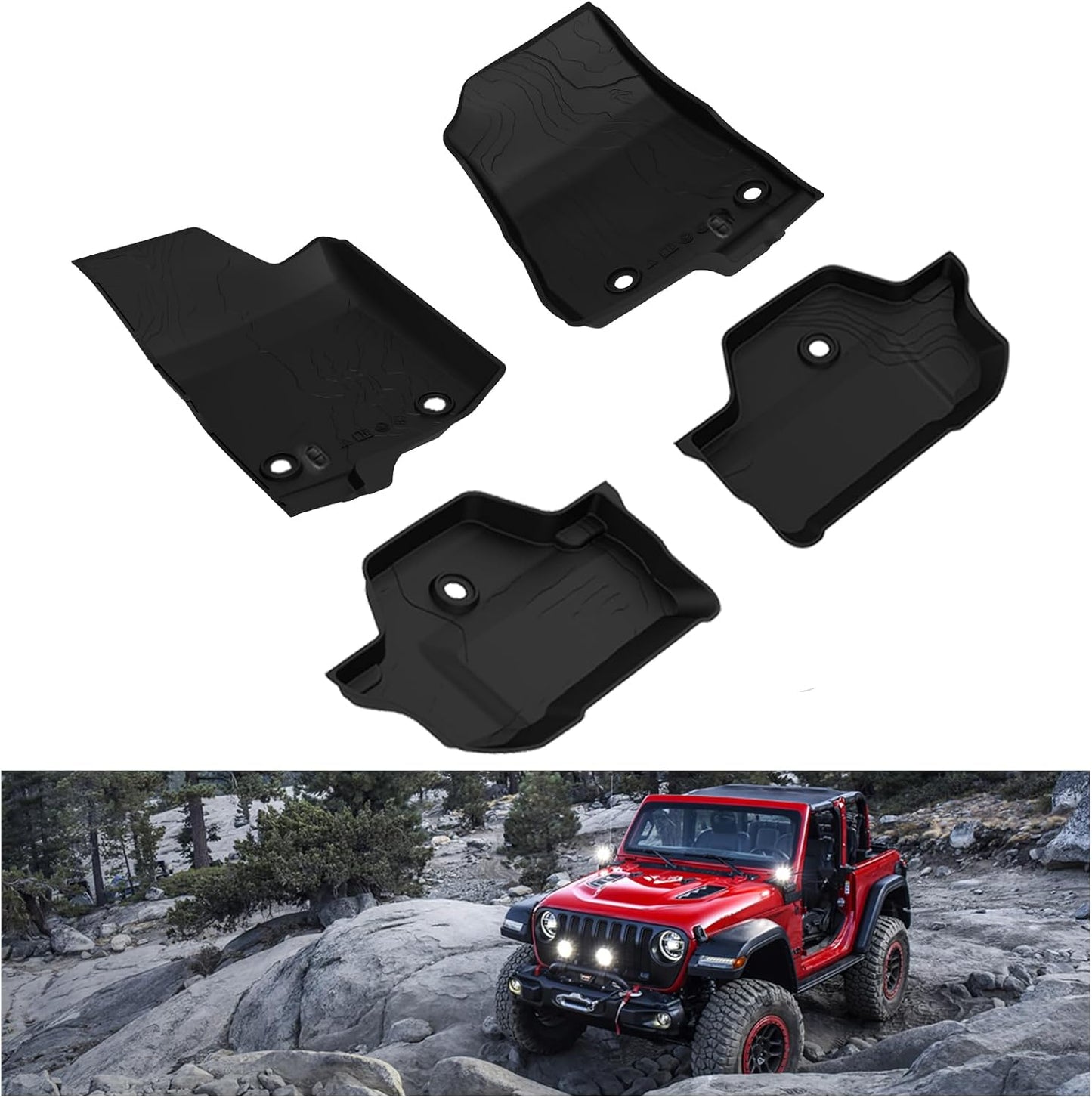 4X4WAVERS 3D Floor Mat Kit - Offroad Topographic Style - Heavy Duty TPE - Jeep Wrangler JL 2018+ (2 doors) - 4X4 WAVERS