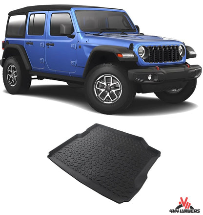 4X4WAVERS 3D Trunk Floor Mat Kit - Offroad Tread Style with Wrangler Logo - Jeep Wrangler JLU 2018+ (4 Doors only) (not for 4XE) - 4X4 WAVERS