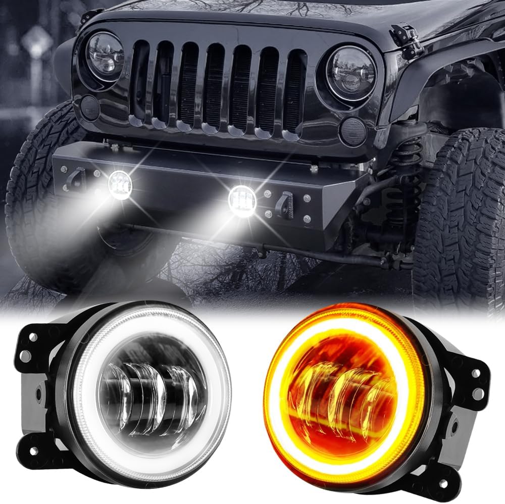 4X4WAVERS 4 Inch Front Bumper Driving Offroad Fog Light with DRL Turn Halo Angel Eyes - Jeep Wrangler JK/JKU 2007-2018 - 4X4 WAVERS
