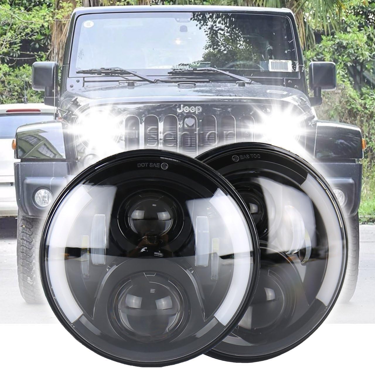 4x4wavers Headlights Premium LED Light Replacement, Angry Eyes Style  for Jeep Wrangler JK / JKU
