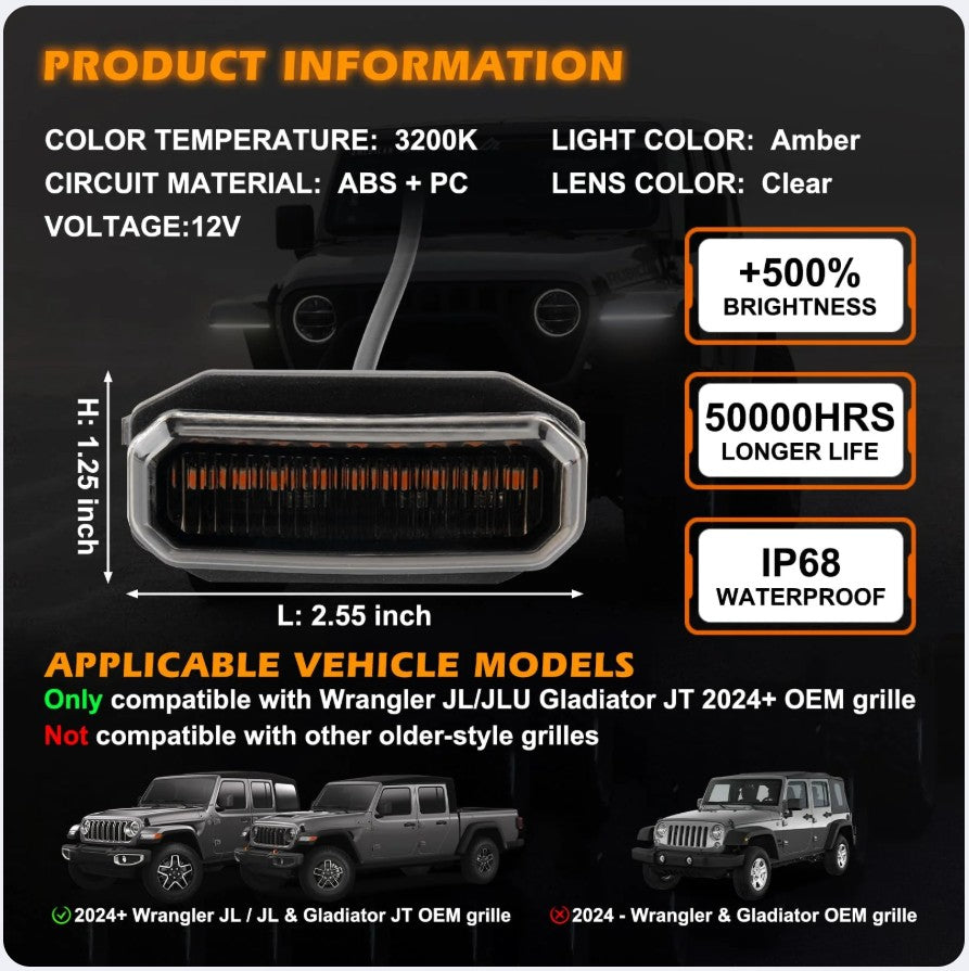 4X4WAVERS Grille Inserts Light Running LED - Amber Color - Jeep Wrangler JL/JLU/4XE/JT 2024+ - 4X4 WAVERS