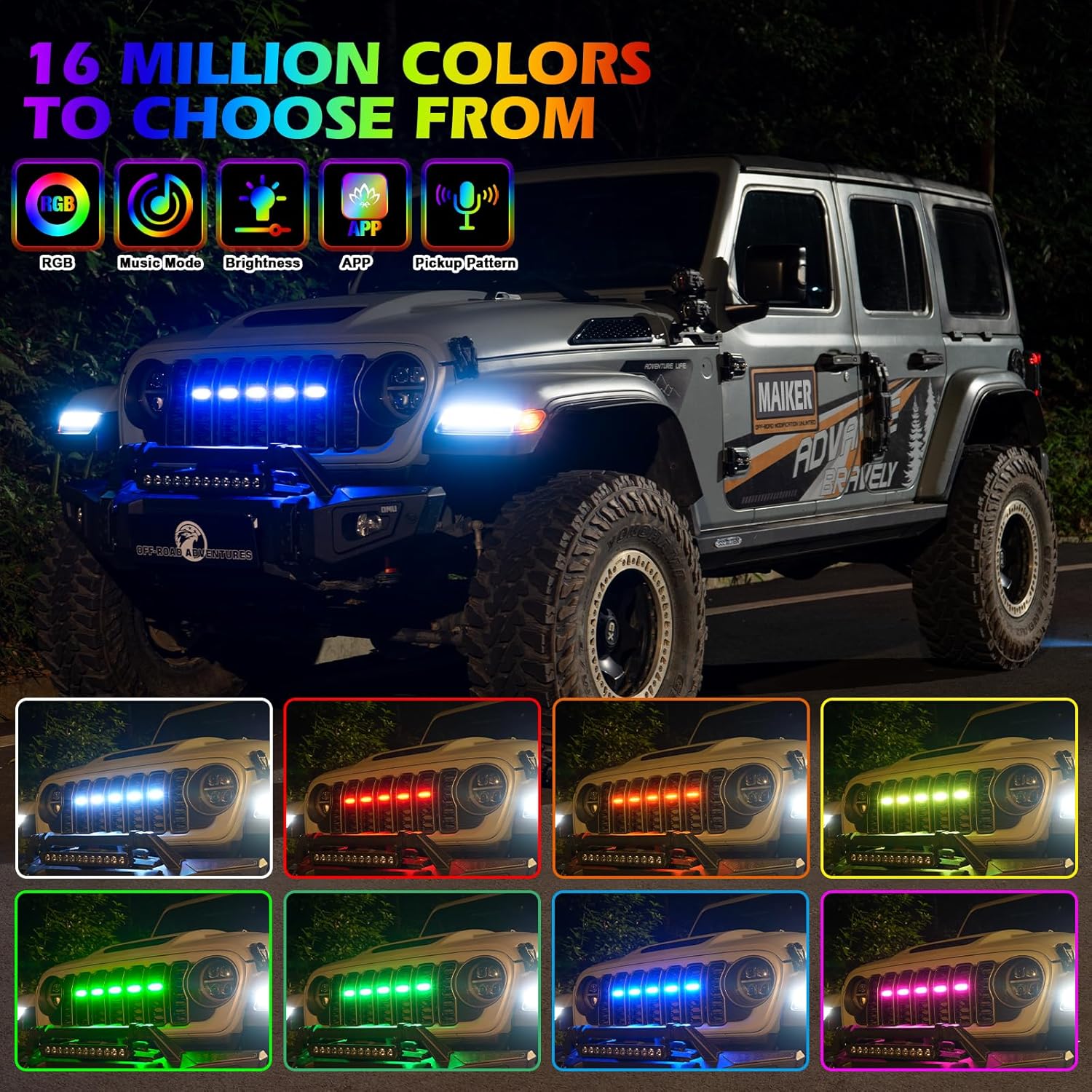4X4WAVERS Grille Inserts Light Running LED - RGB Multi Color Smart Music Sync - Jeep Wrangler JL/JLU/4XE/JT 2024+ - 4X4 WAVERS