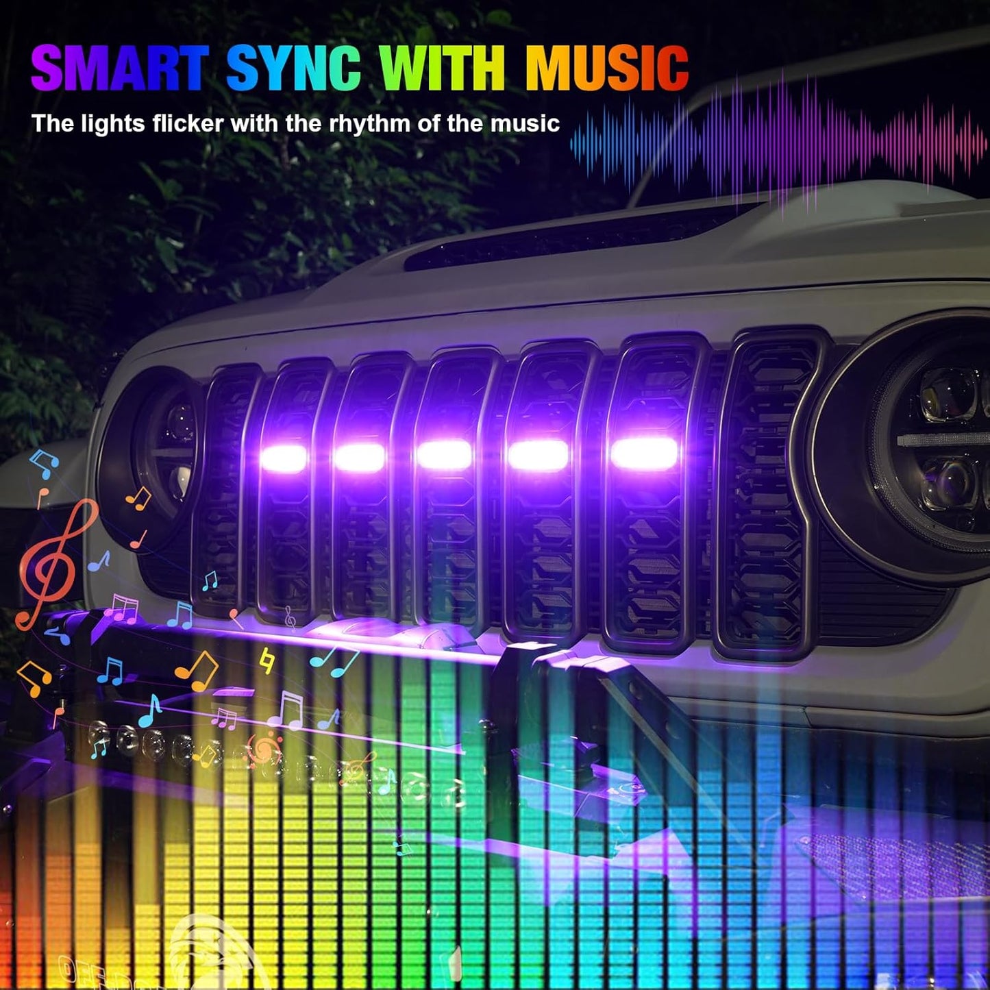 4X4WAVERS Grille Inserts Light Running LED - RGB Multi Color Smart Music Sync - Jeep Wrangler JL/JLU/4XE/JT 2024+ - 4X4 WAVERS