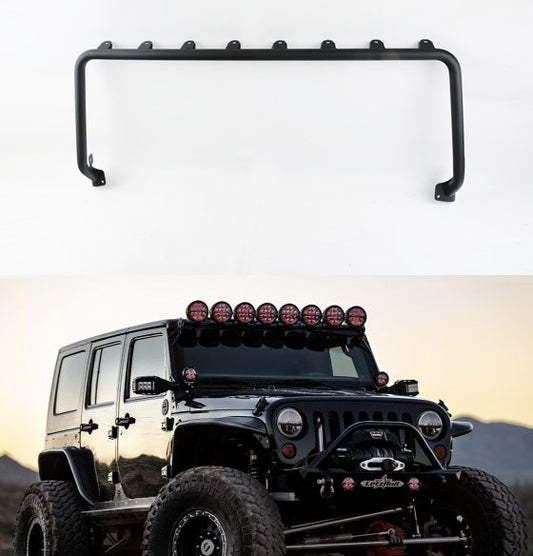 4X4WAVERS Windshield Offroad Lights Armor Mount Bar - Black Powder Coated Metal - Up to 8 Lights - Jeep Wrangler JK/JKU 2007-2018
