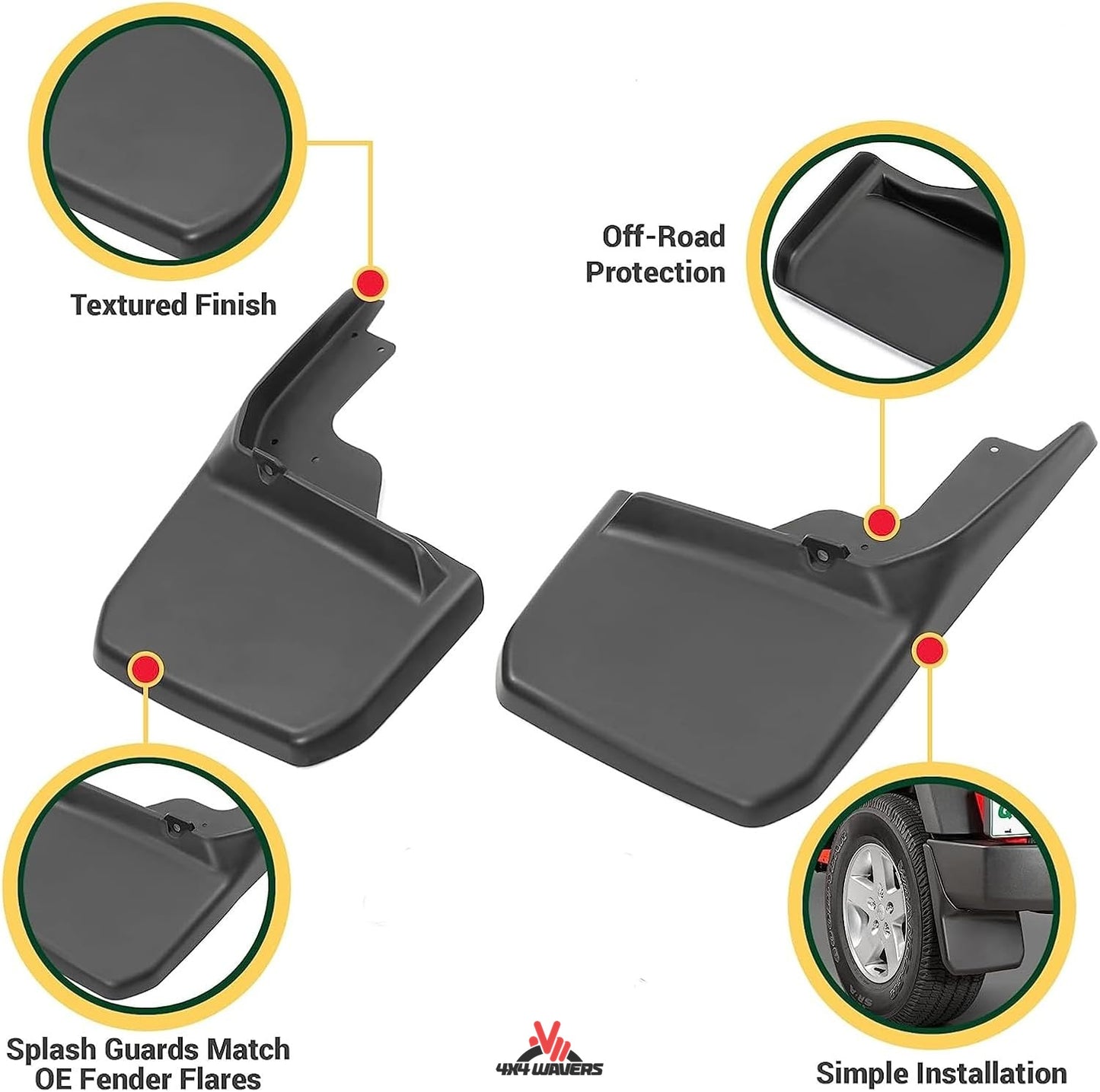 4X4WAVERS Mud Flaps Splash Guards - Front & Rear Mudguards Kit - Jeep Wrangler JK/JKU 2007-2018