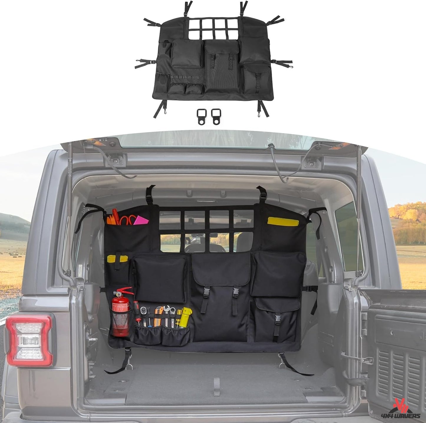 4X4WAVERS Trunk Storage Bag Organizer with Multi-Pockets Tool Kits Cargo Bag - Jeep Wrangler JKU/JLU/4XE 2007+ (4 doors only) - 4X4 WAVERS