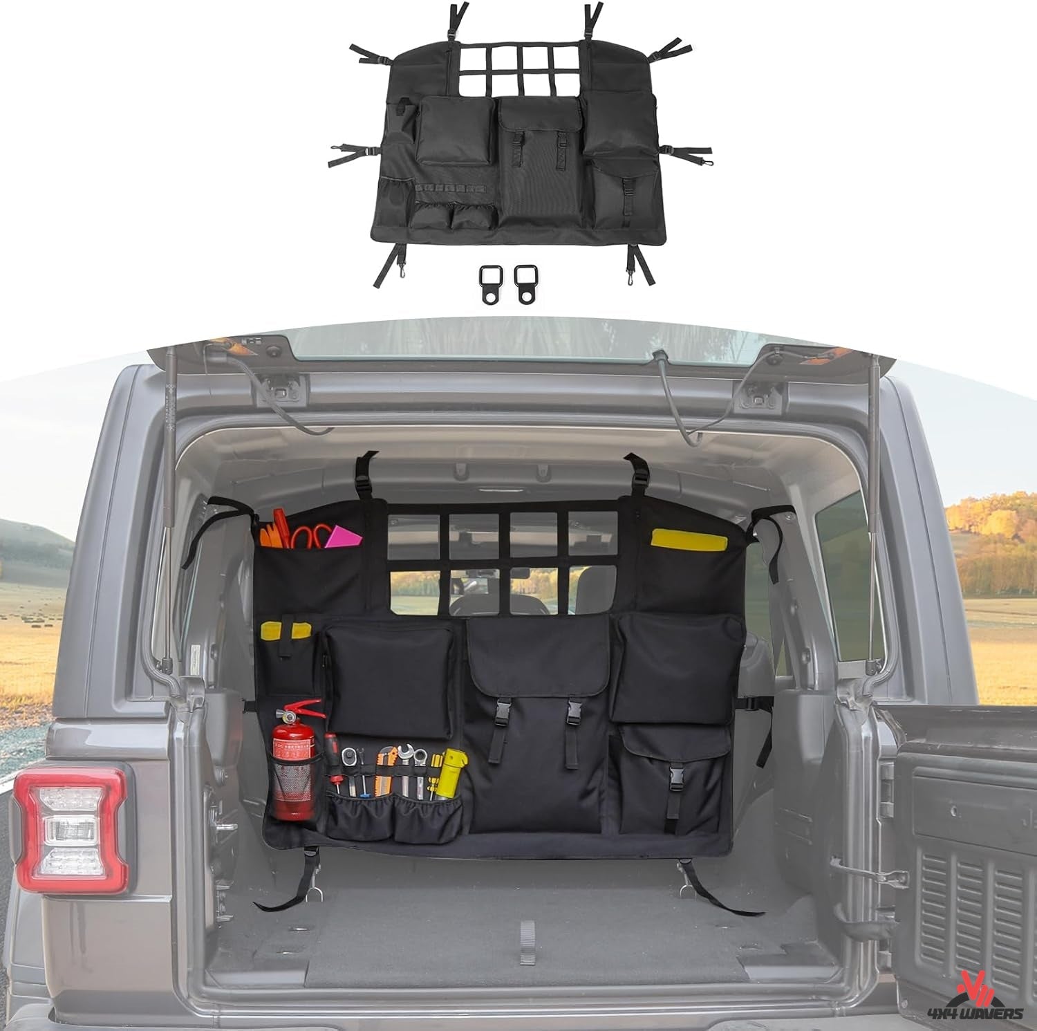 4X4WAVERS Trunk Storage Bag Organizer with Multi-Pockets Tool Kits Cargo Bag - Jeep Wrangler JKU/JLU/4XE 2007+ (4 doors only) - 4X4 WAVERS