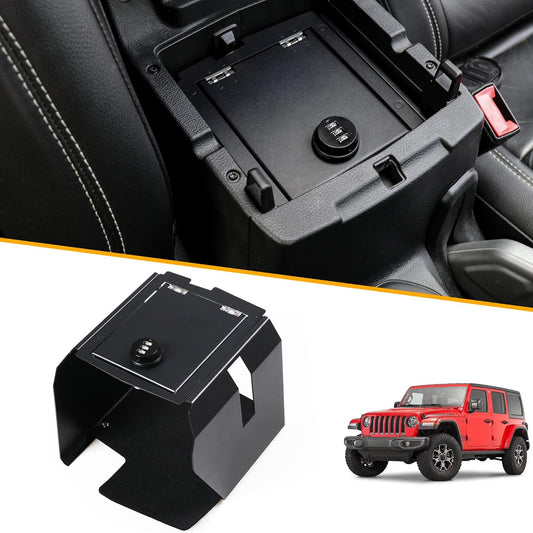 4X4WAVERS Center Console Lock Box with Digit Combo - Gun Armrest Safe Lockbox - Jeep Wrangler JL/JLU/4XE/JT 2018+