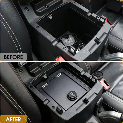 4X4WAVERS Center Console Lock Box with Digit Combo - Gun Armrest Safe Lockbox - Jeep Wrangler JL/JLU/4XE/JT 2018+