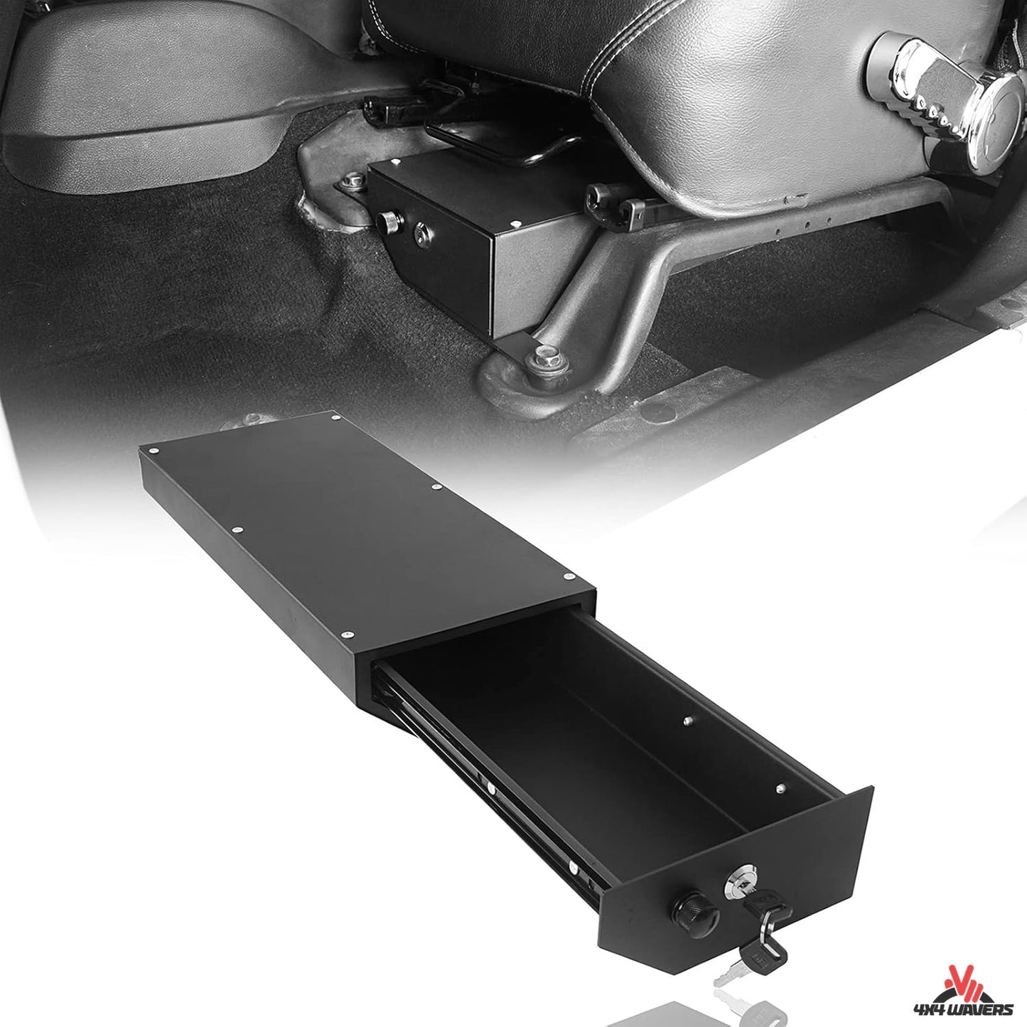 4X4WAVERS Under Driver Seat Lock Box with Key - Gun Armrest Safe Lockbox - Jeep Wrangler JK/JKU 2007-2018 (Not for 2011-2018 JK 2-Door)