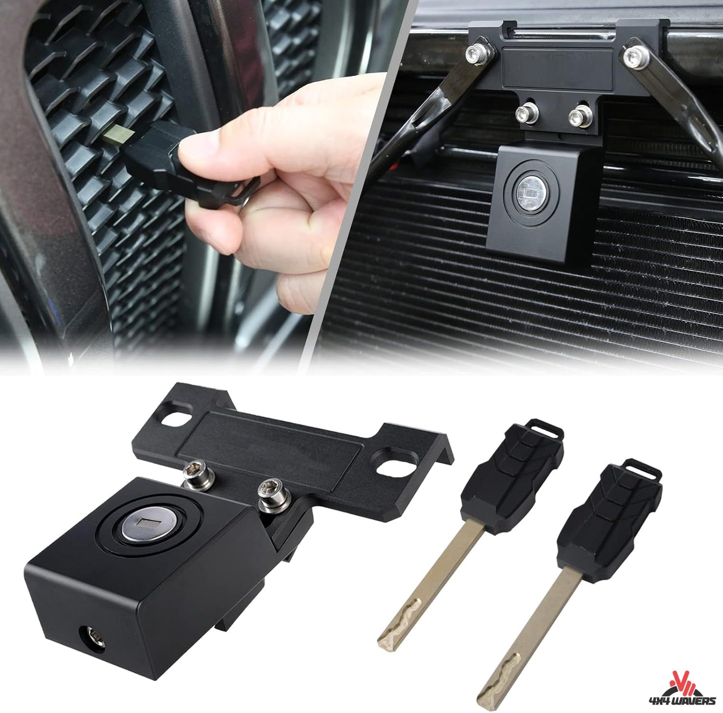 4X4WAVERS Anti-Theft Hidden Hood Grille Lock Kit with keys  - Jeep Wrangler JL/JLU/4XE/JT 2018-2023 - 4X4 WAVERS