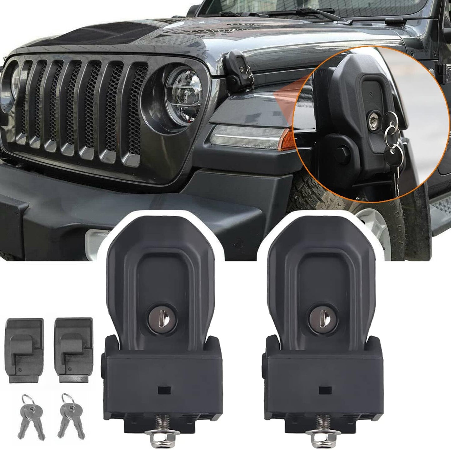 4X4WAVERS Premium Anti-Theft Hood Latches with Key Locks Kit - Jeep Wrangler JL/JLU/4XE/JT 2018+ - 4X4 WAVERS