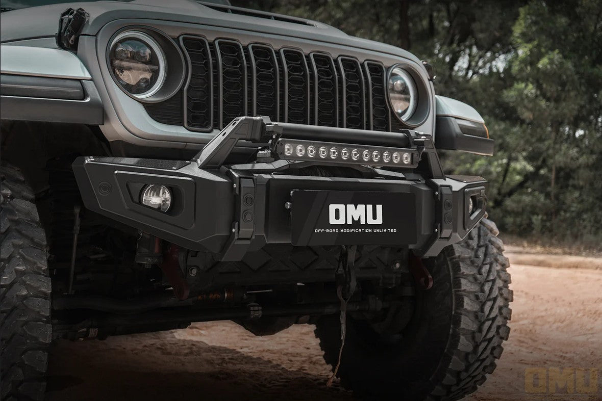 OMU Genesis Series Premium Front Bumper - Aluminum And Steel with Carbon Fiber Finishing - Jeep Wrangler JL/JLU/4XE/JT 2018+ - 4X4 WAVERS