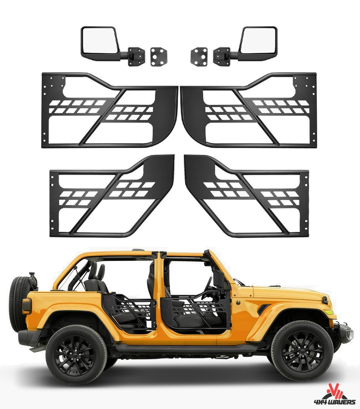 4X4WAVERS Tubular Half Doors with Side Rearview Mirrors - Freedom Style - Jeep Wrangler JLU/4XE/JT 2018+ - 4X4 WAVERS