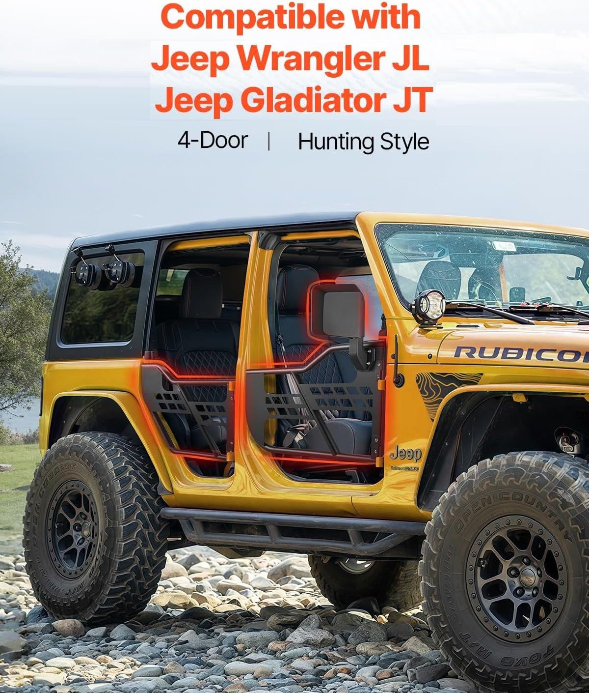 4X4WAVERS Tubular Half Doors with Side Rearview Mirrors - Freedom Style - Jeep Wrangler JLU/4XE/JT 2018+ - 4X4 WAVERS