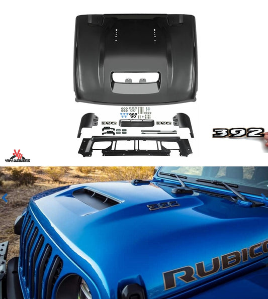 4X4WAVERS 392 Style Hood (Black Steel) with 392 logo - Jeep Wrangler JL/JLU/4XE/JT 2018+ - 4X4 WAVERS