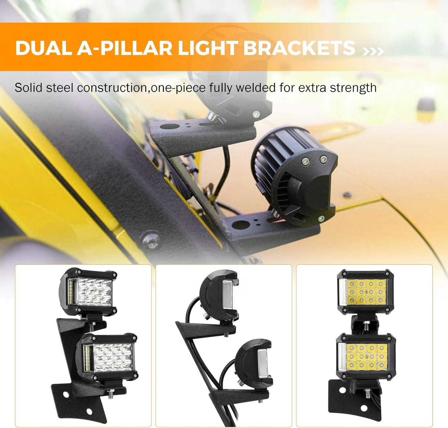 4X4WAVERS Double Hood Offroad Light Holder Mount Bracket - Lower Windsheild - Jeep Wrangler JK/JKU 2007-2018