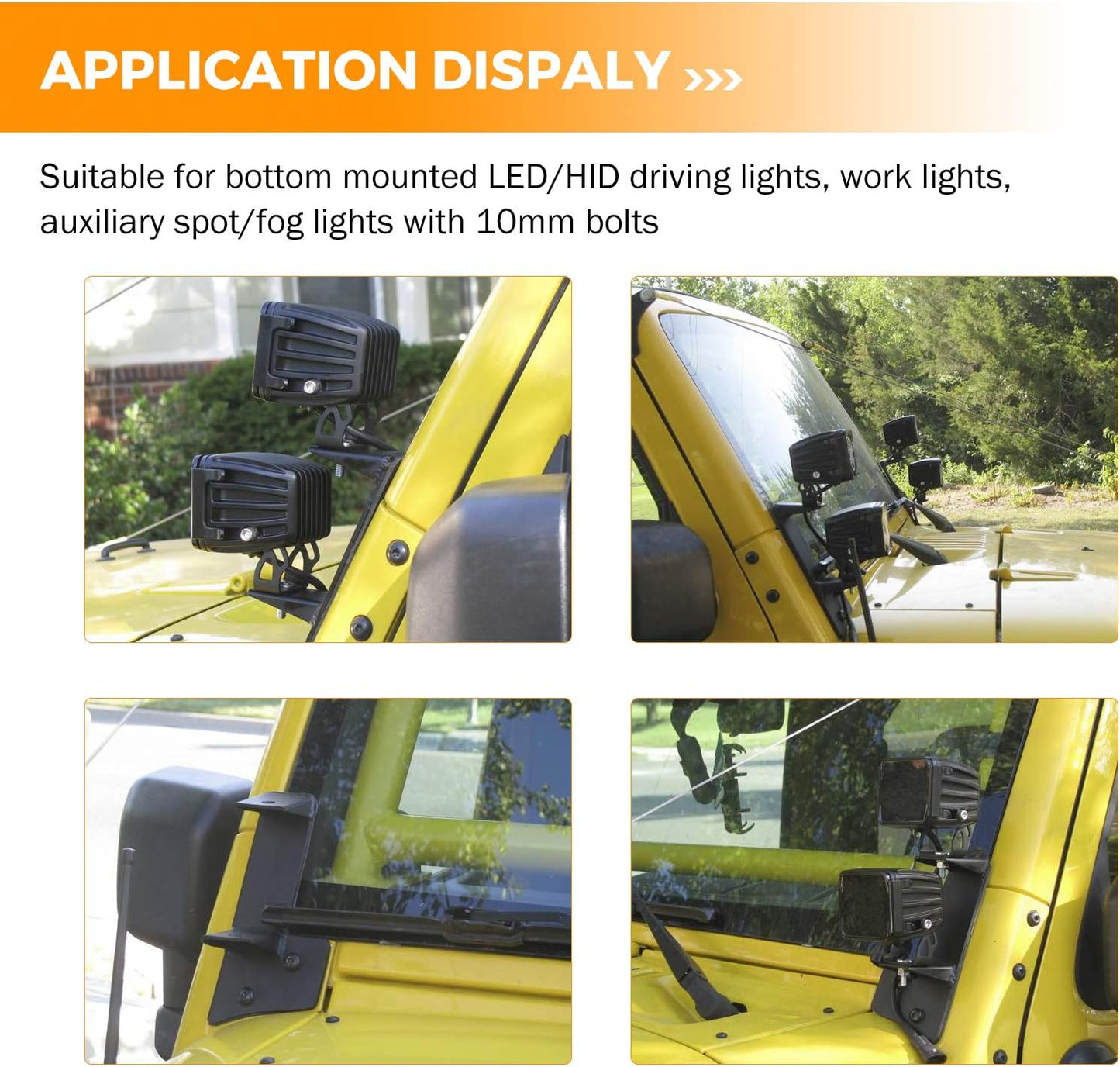 4X4WAVERS Double Hood Offroad Light Holder Mount Bracket - Lower Windsheild - Jeep Wrangler JK/JKU 2007-2018