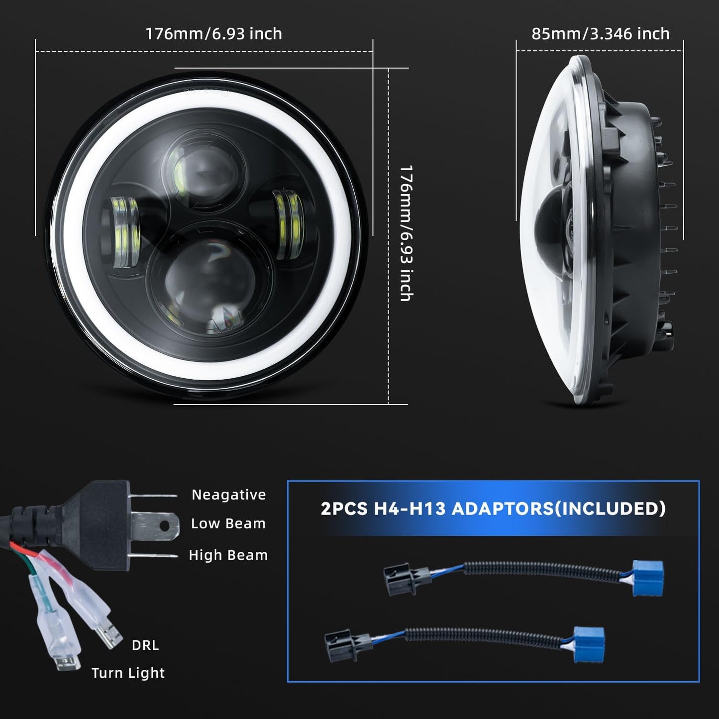 4X4WAVERS 7 inch Headlights Premium LED Light Replacement - Angel Eyes Style 5th Generation - Jeep Wrangler TJ/JK/JKU 1997-2018