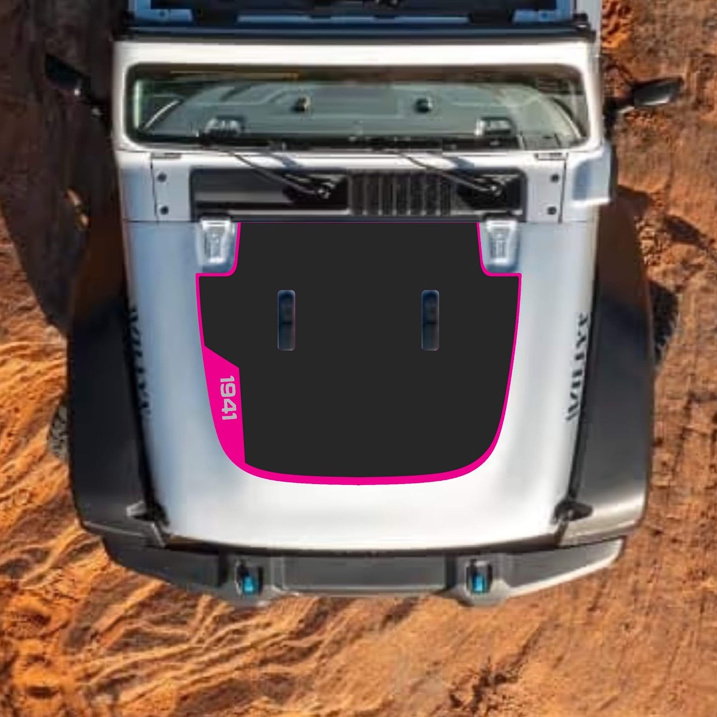 CarCode hood decal for Jeep Wrangler JL, JLU, Gladiator JT, standard hood, style #99, black graphic design on vehicle hood