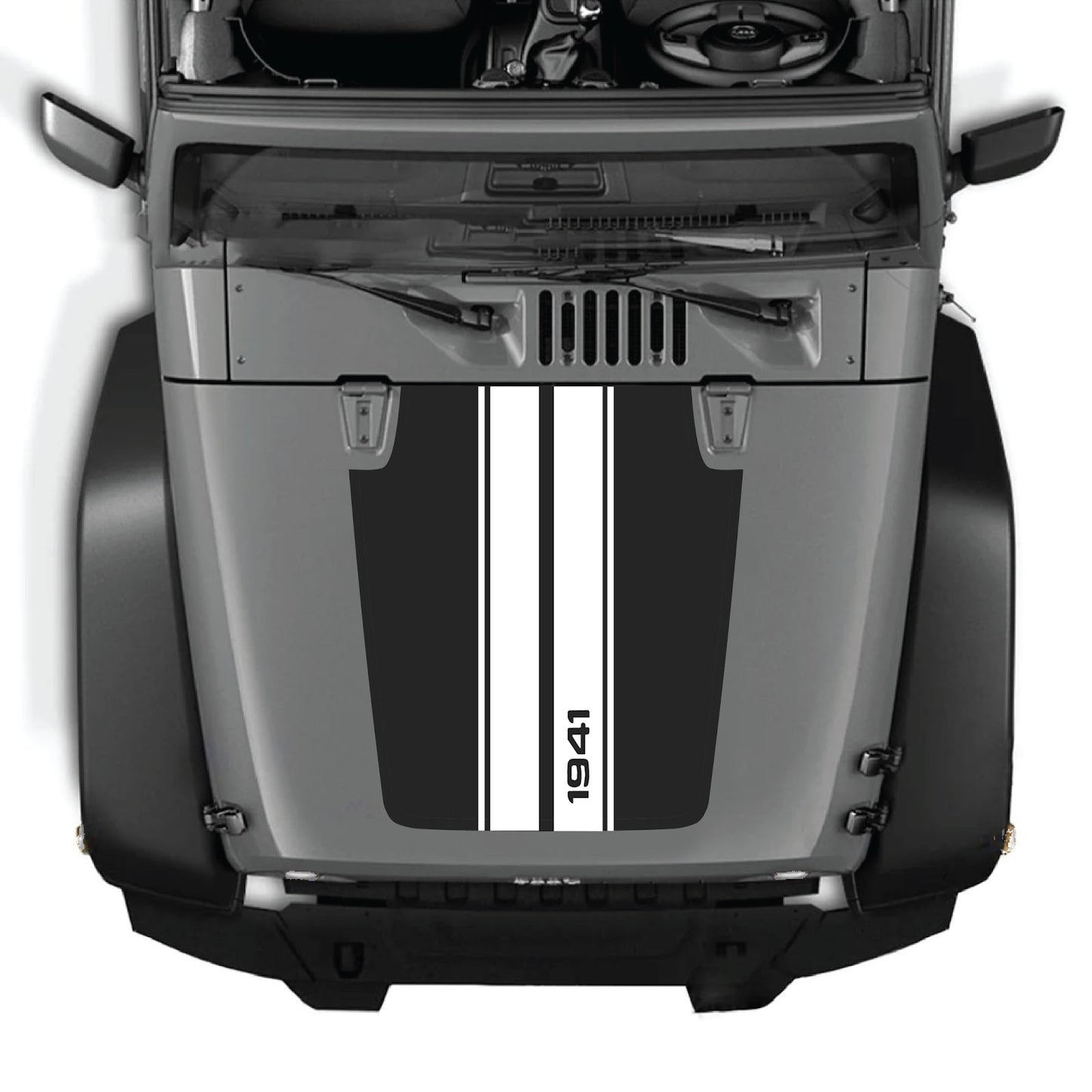 CarCode hood decal for Jeep Wrangler JK/JKU 2007-2018, style #01, shown on the vehicle's hood with bold black design.