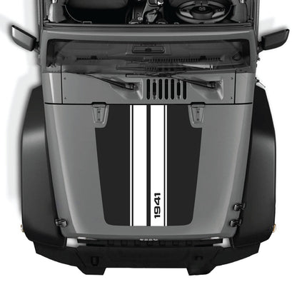 CarCode hood decal for Jeep Wrangler JK/JKU 2007-2018, style #01, shown on the vehicle's hood with bold black design.