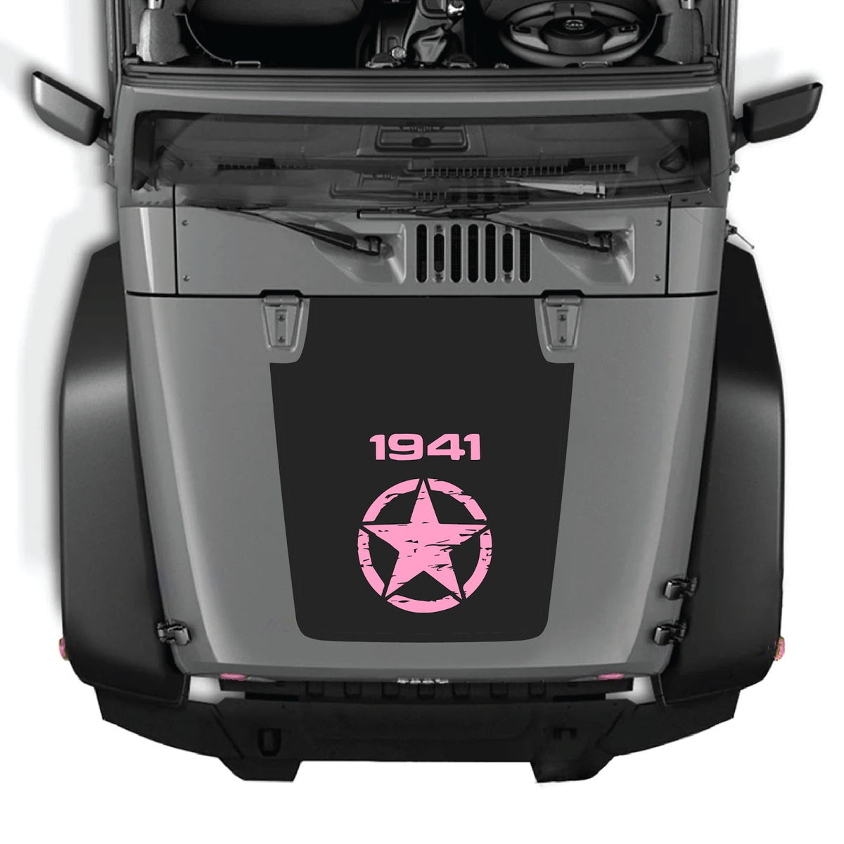 CarCode hood decal for Jeep Wrangler JK/JKU 2007-2018, style #14, shown on vehicle hood in black and white design.