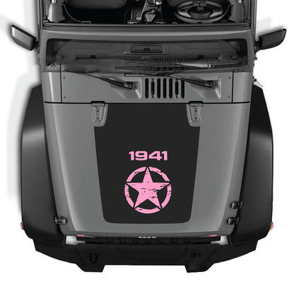 CarCode hood decal for Jeep Wrangler JK/JKU 2007-2018, style #14, shown on vehicle hood in black and white design.