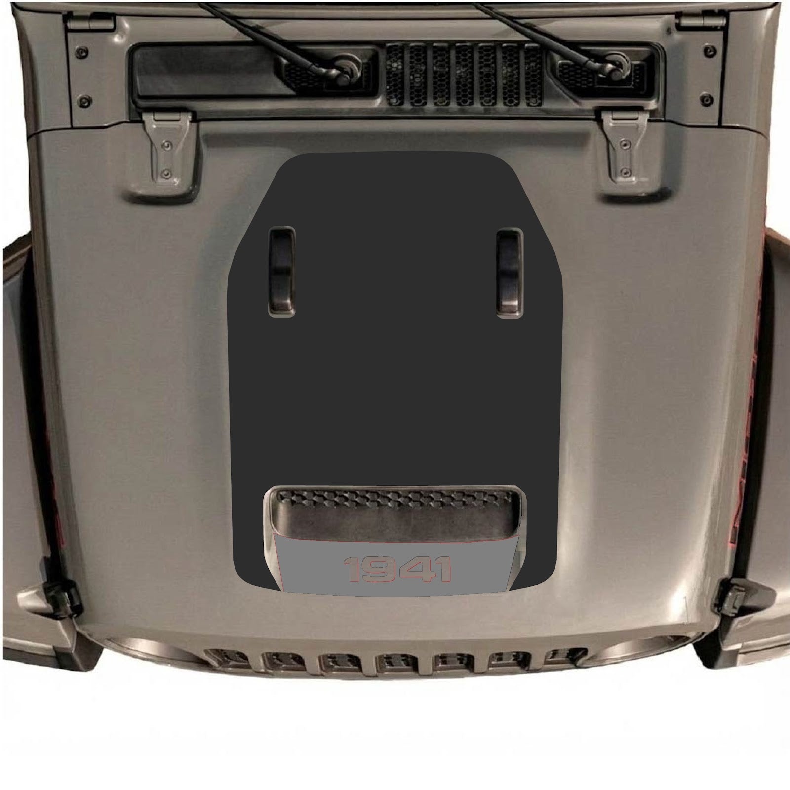 CarCode Jeep Wrangler JL/JLU Rubicon 392 and Gladiator Mojave hood decal in style #101, featuring bold black graphic design.