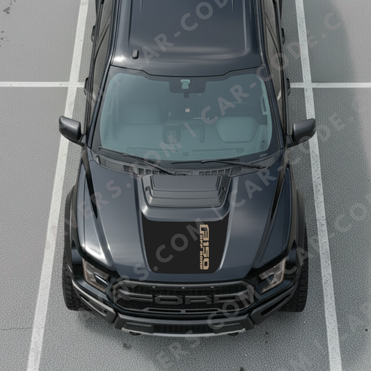 Ford F-150 Raptor Panneau de Capot – Texte de Bannière Latérale (exemple : « F150 OFF ROAD ») – Orange/Gris/Rouge/Bleu/Tan/Vert – 2017–2025 – Vinyle Découpé Mat Imprimé 3M ou Avery
