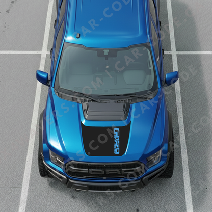 Ford F-150 Raptor Panneau de Capot – Texte de Bannière Latérale (exemple : « F150 OFF ROAD ») – Orange/Gris/Rouge/Bleu/Tan/Vert – 2017–2025 – Vinyle Découpé Mat Imprimé 3M ou Avery
