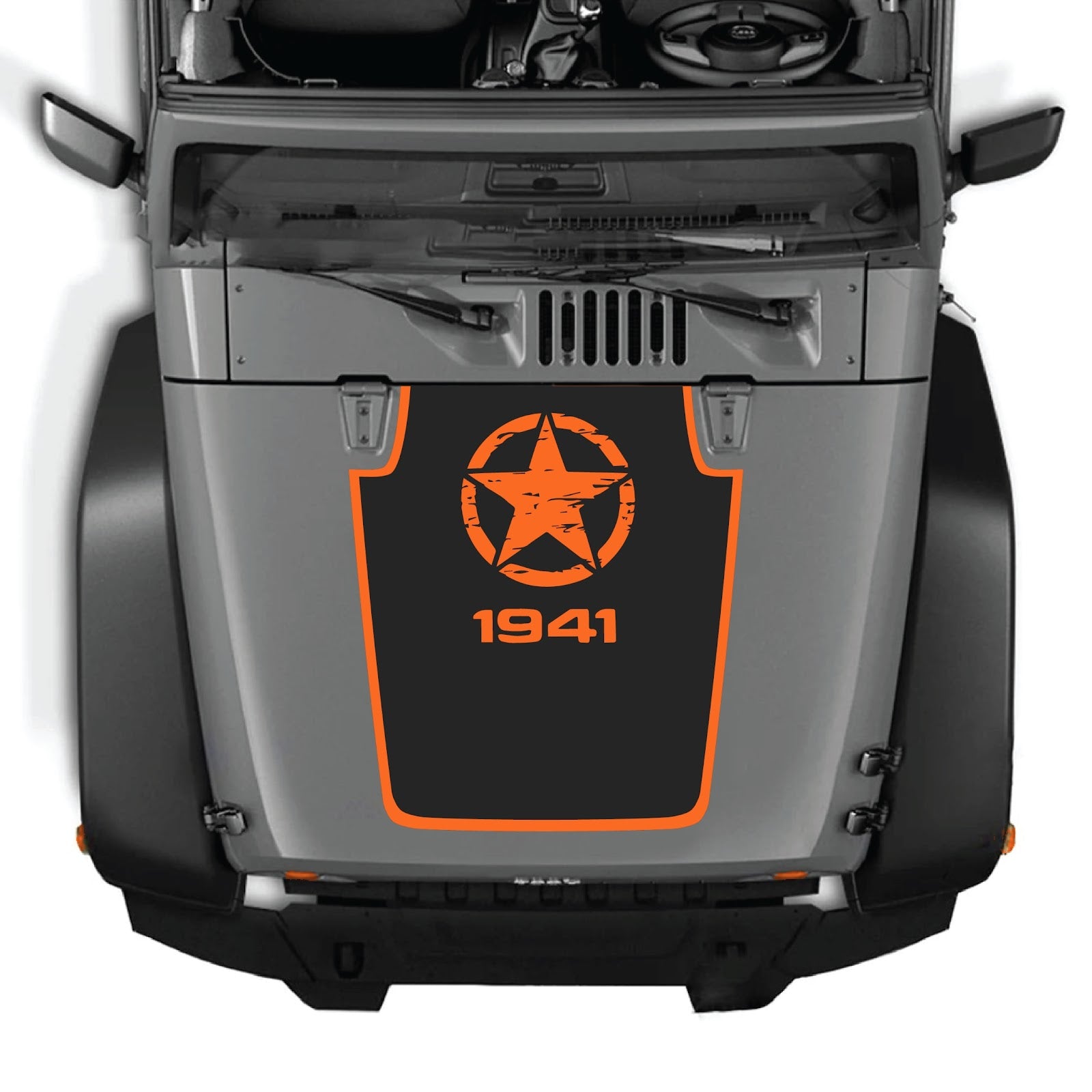 CarCode hood decal for Jeep Wrangler JK/JKU 2007-2018, Style #47, black and gray graphic design on vehicle hood.