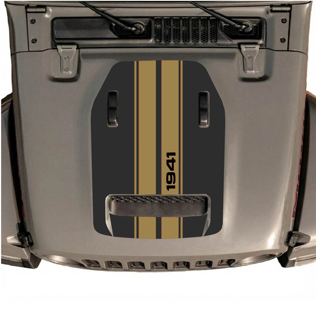 CarCode autocollant de capot pour Jeep Wrangler JL/JLU Rubicon 392 et JT Gladiator Mojave 2020-2026, style n°08, présenté sur le capot du véhicule.