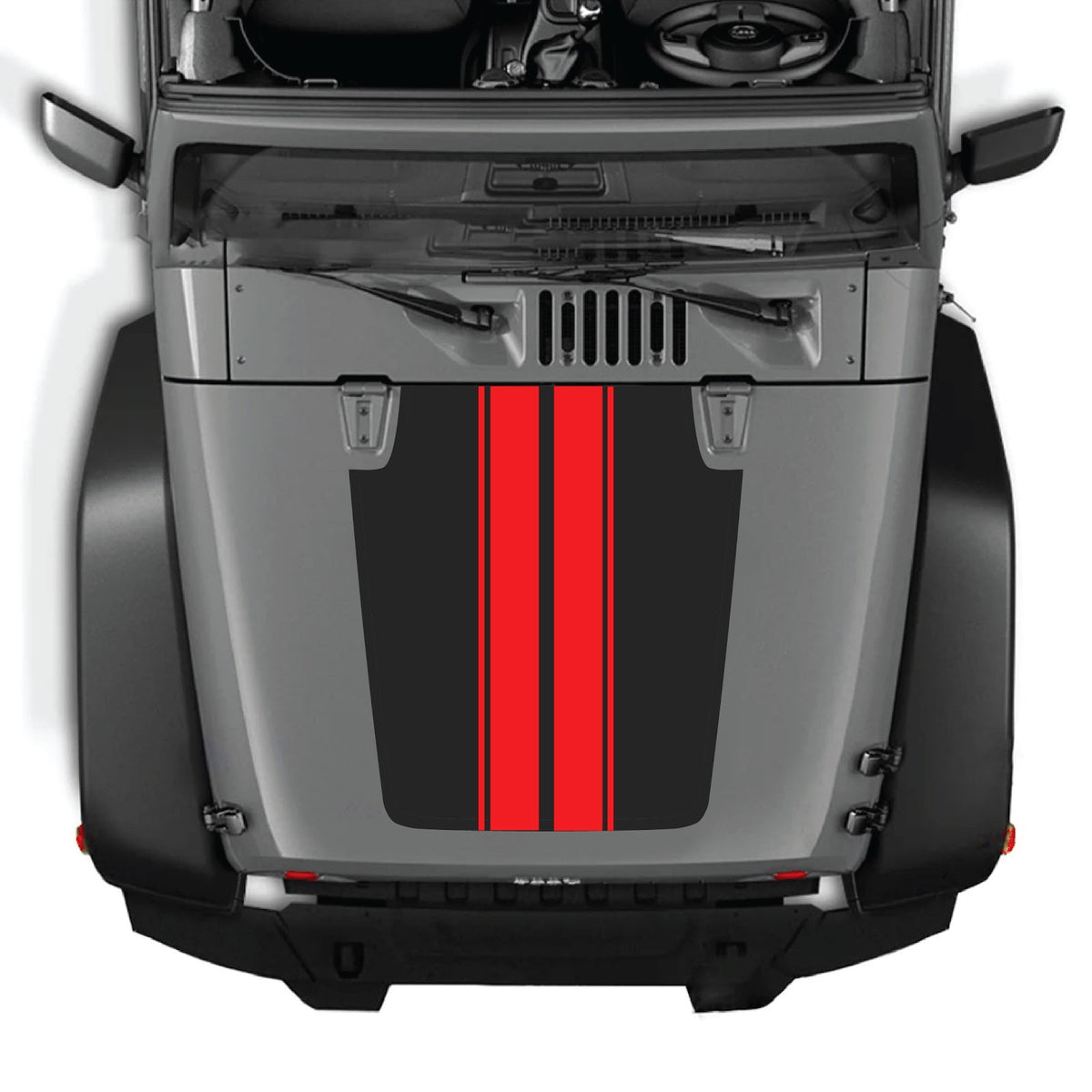 Jeep Wrangler JK/JKU hood decal by CarCode, style #43, black and gray design on vehicle hood, enhances rugged off-road look.