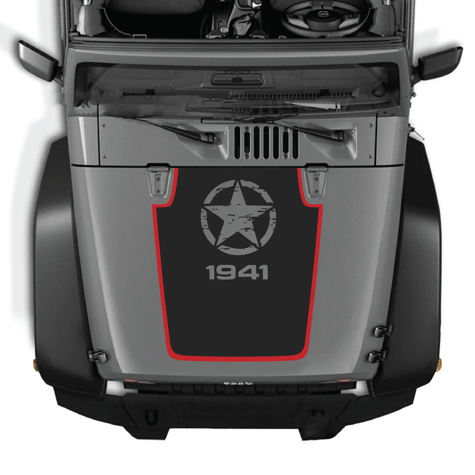 CarCode Jeep Wrangler JK/JKU 2007-2018 hood decal Style #90, black and white graphic design on the hood of the vehicle.