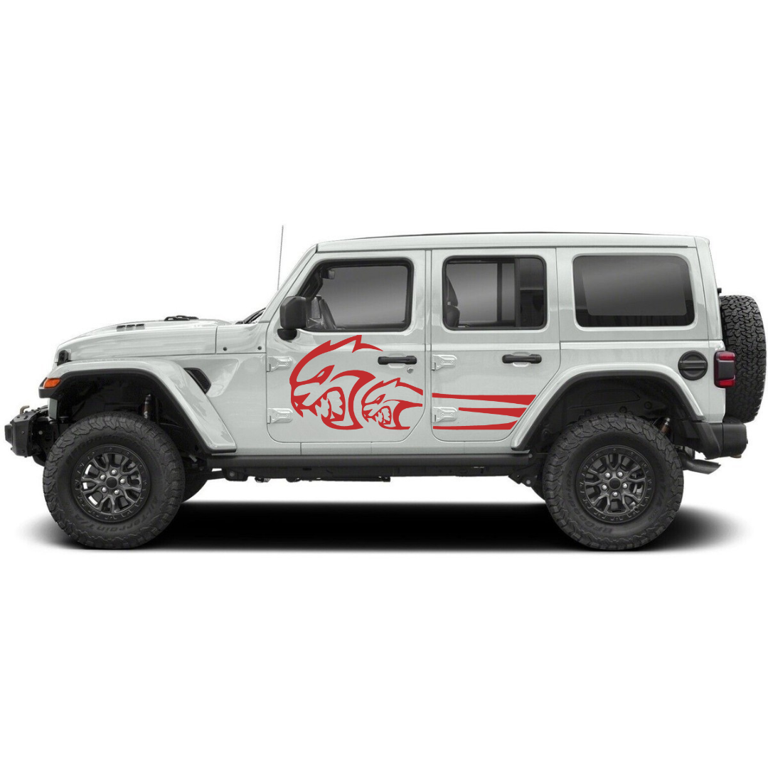 Savage Cat Side Decal Kit – Cut Avery Vinyl (Black/Blue/Grey/Red/White) for Wrangler JL/JLU/JK/JKU/4xe & Gladiator JT – Pair, Pre-Masked