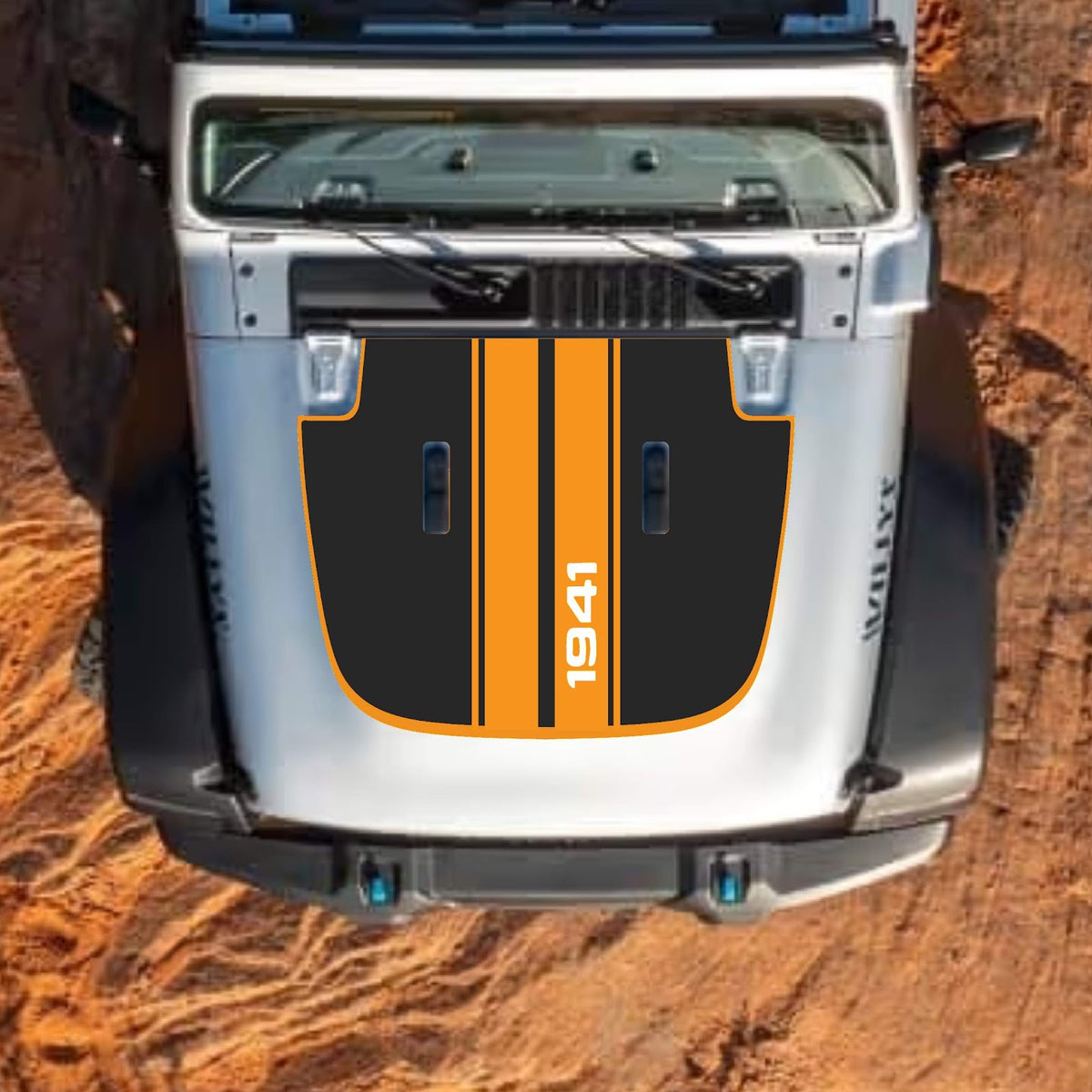 CarCode hood decal for Jeep Wrangler JL, JLU, Gladiator JT, style #71, black graphic design on standard hood 2018+