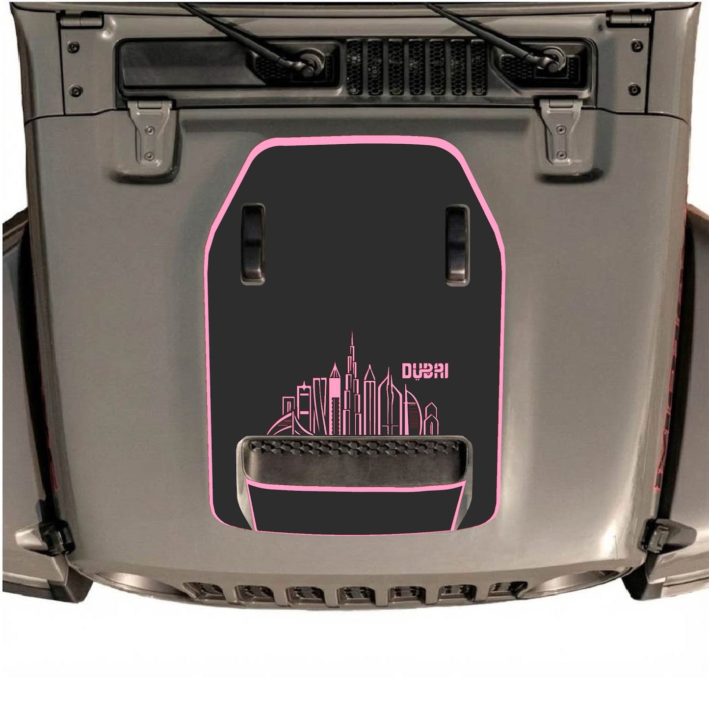 Jeep Wrangler JL/JLU Rubicon 392 and JT Gladiator Mojave hood decal in Style #13 by CarCode, featuring bold black design on vehicle hood.